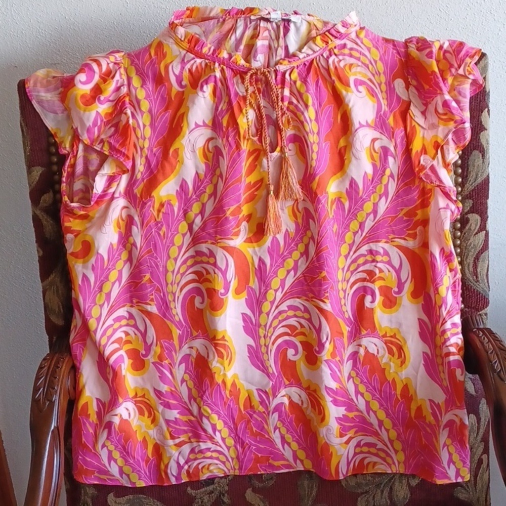 Rose+Olive size large floral print, Pink, Yellow, Cap Sleeve, Tie Front, 23" PTP